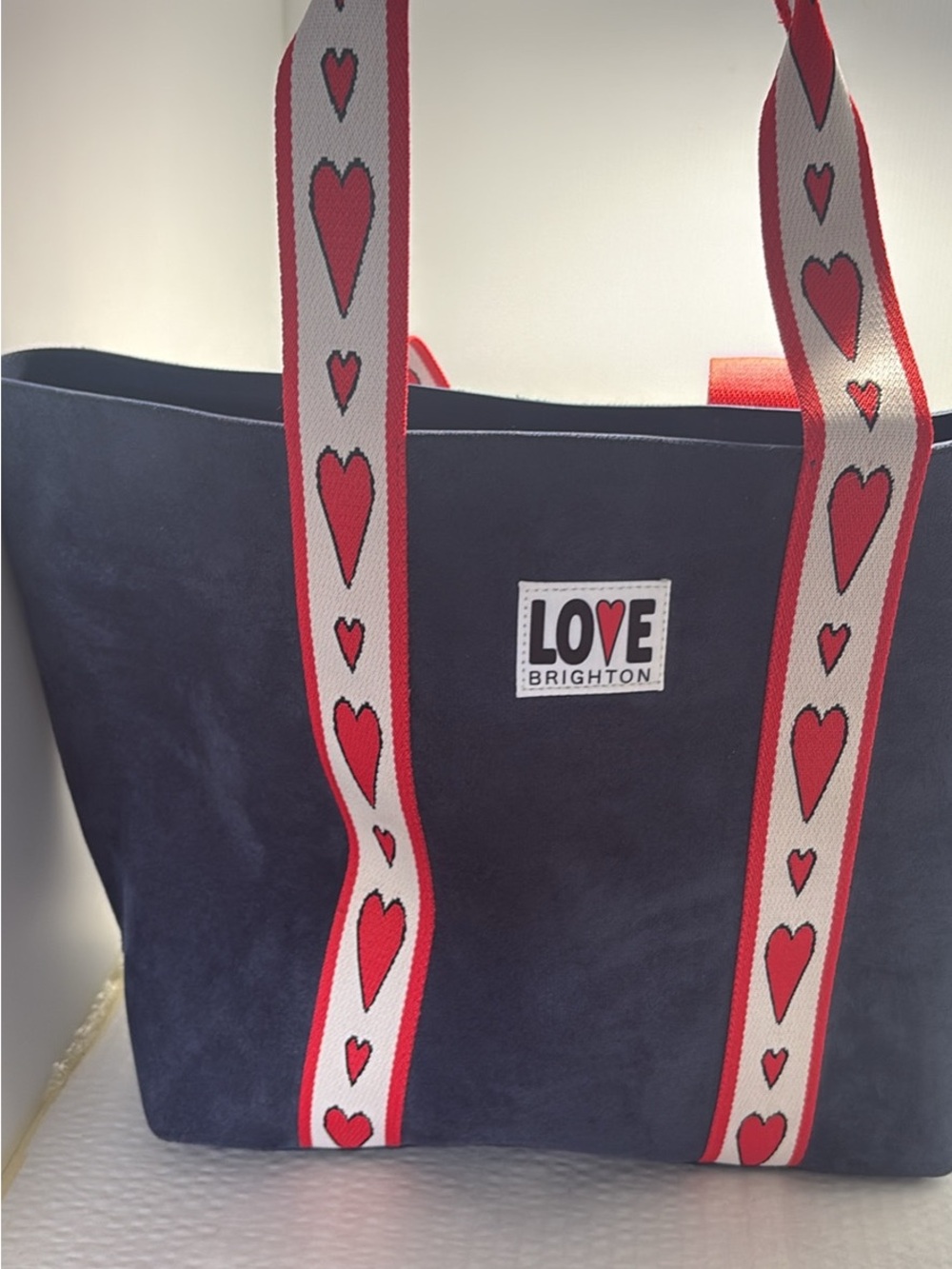 Brighton Navy Tote with Red and White Heart Straps